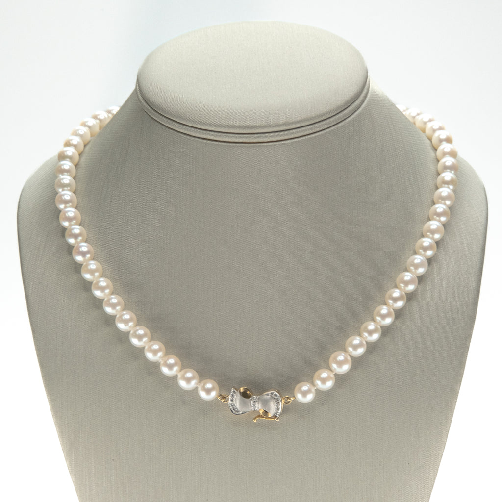 7.30mm Wide Round Pearl and Diamond 17.5" Necklace in 18K Two Tone Gold
