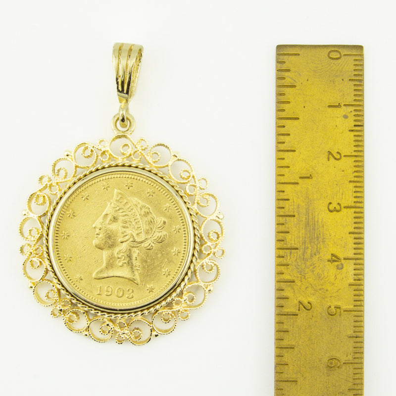 1903 United States $10 Eagle Liberty Head Coin Pendant Charm in 22K and 14K Yellow Gold