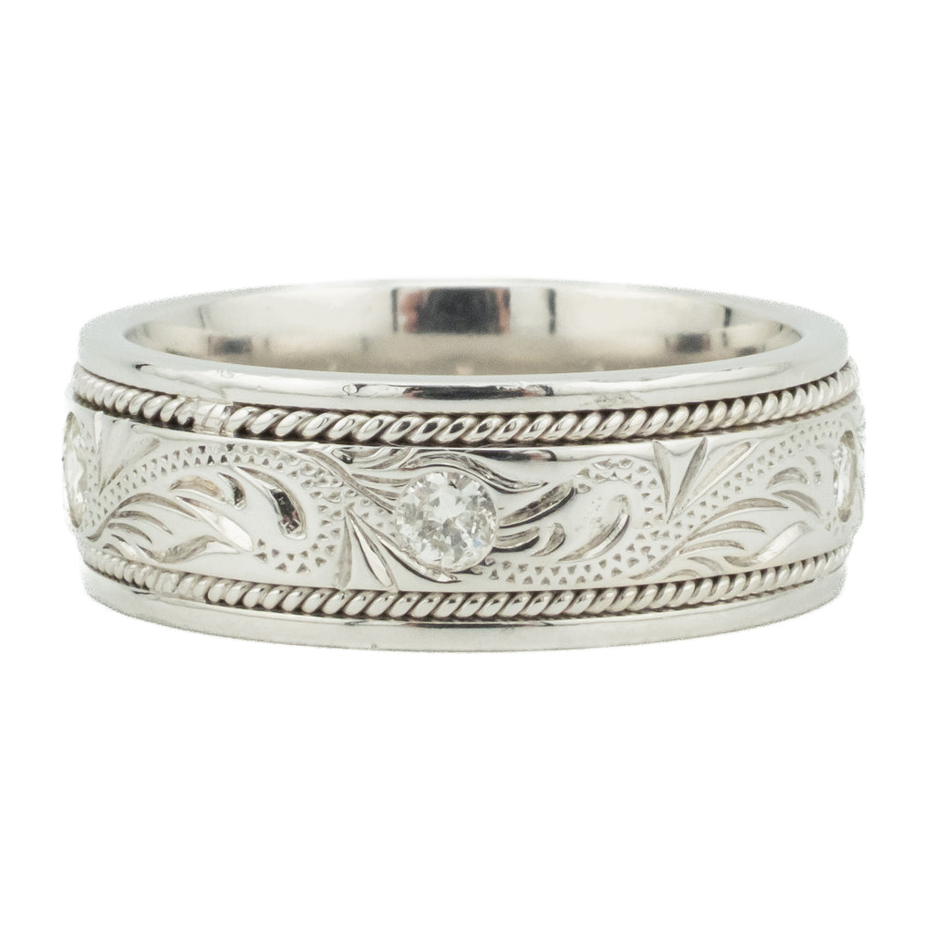 0.50ctw Diamond Accented Hand-Engraved Band Ring in 14K White Gold - Size 10.5