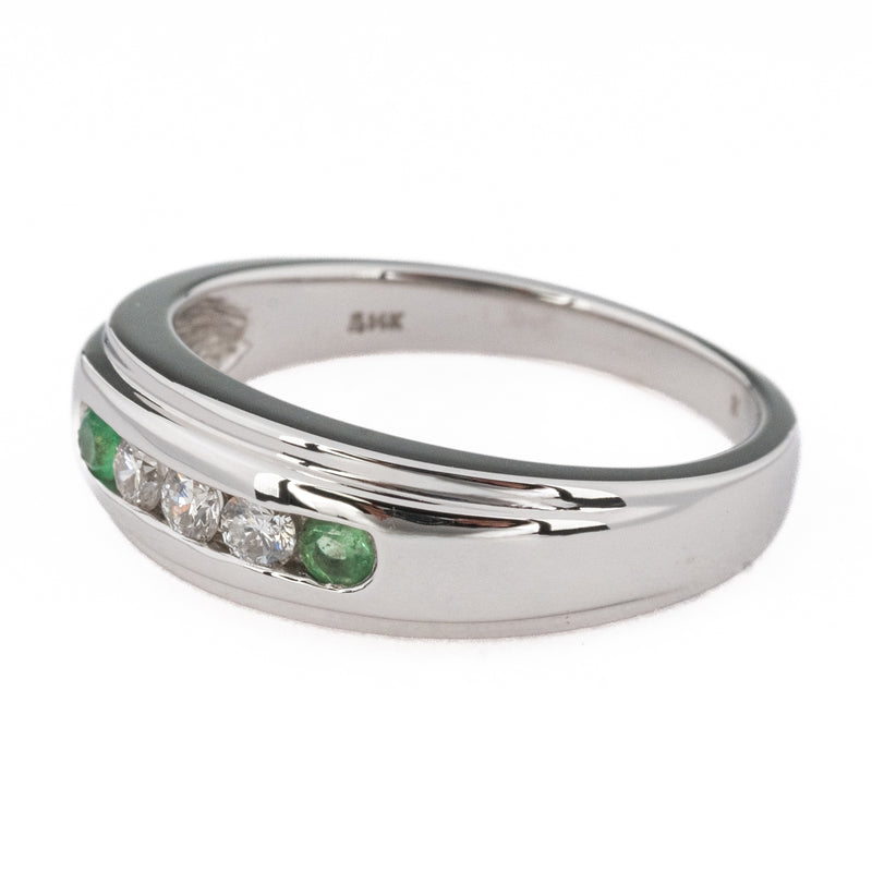 0.21ctw Diamond Accented w/ 0.09ctw Emerald Accents Wedding Band in 14K White Gold