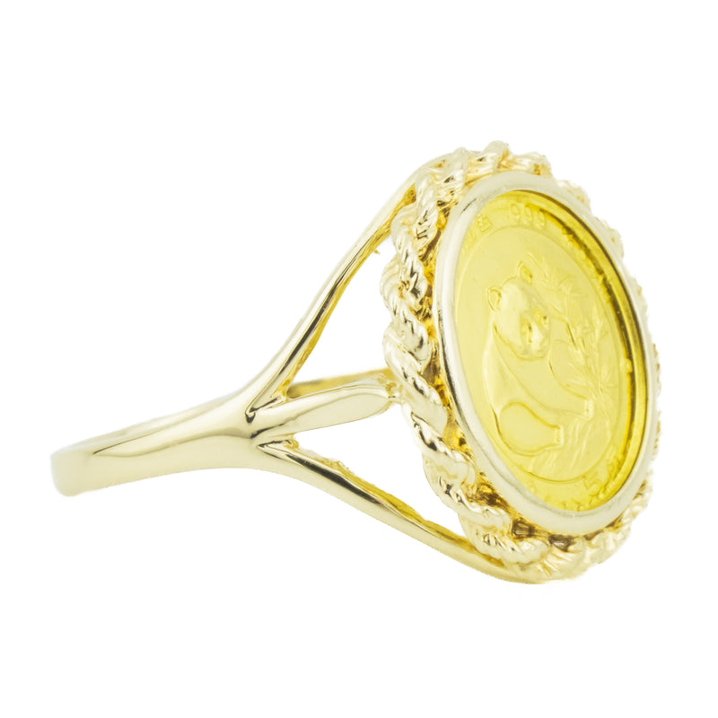 1988 Chinese Gold Panda Coin Ring in 0.999 and 14K Yellow Gold -Size 9