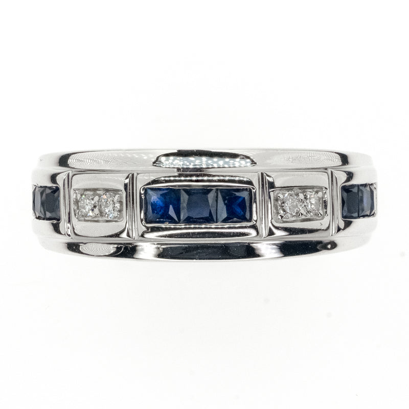 0.82ctw 9-Baguette Sapphire & 0.04ctw 4-Round Diamond Men's Wedding Band Ring in 10K White Gold - Size 11.50