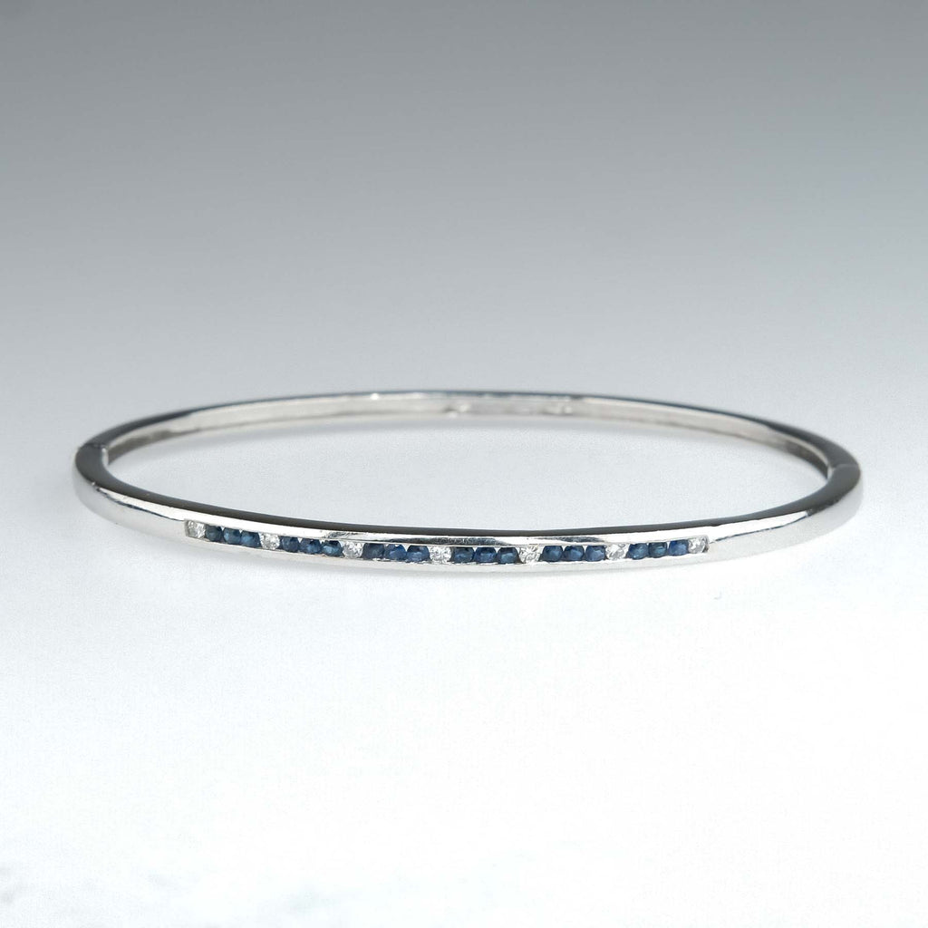 Sapphire and Diamond Hinged Bangle Bracelet in 14K White Gold