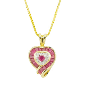 Ruby & Diamond Accented Heart Pendant in 14K Yellow Gold - No Chain Included