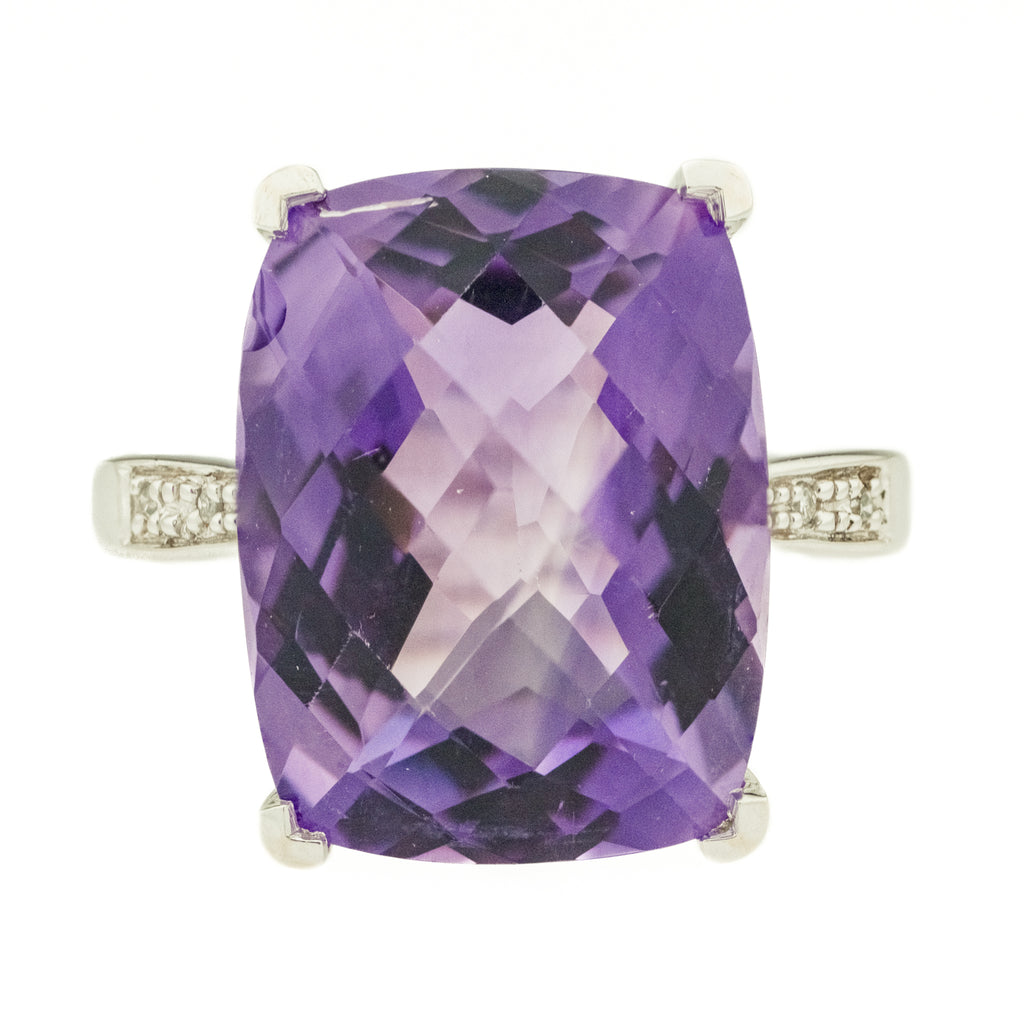 15.36ct Cushion Amethyst w/ 0.03ctwDiamond Accents Gemstone Ring in 14K White Gold