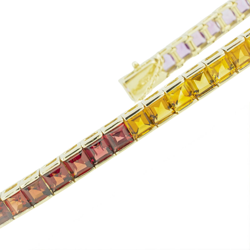 Princess Cut Multi Colored Gemstone 7" Tennis Bracelet in 14K Yellow Gold - 17.5 Grams
