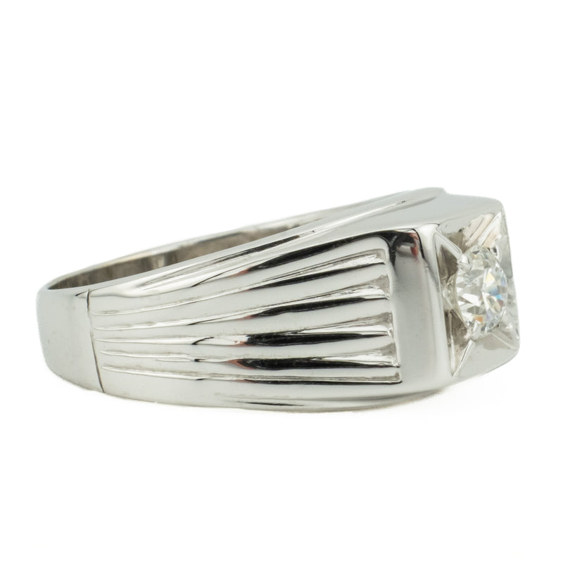 Solitaire European Cut Diamond Gent's Ring in 14K White Gold -Size 11.5