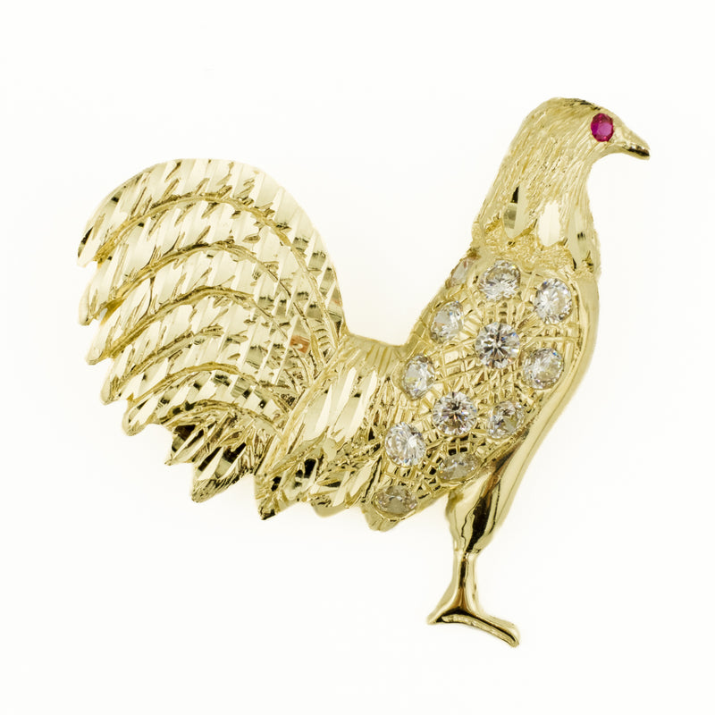 Cubic Zirconia and Lab Ruby Eye Rooster Pendant in 14K Yellow Gold - 9.5G