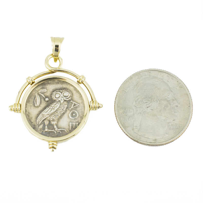Owl of Athena Coin Replica in Sterling Silver with 14K Yellow Gold Bezel Pendant