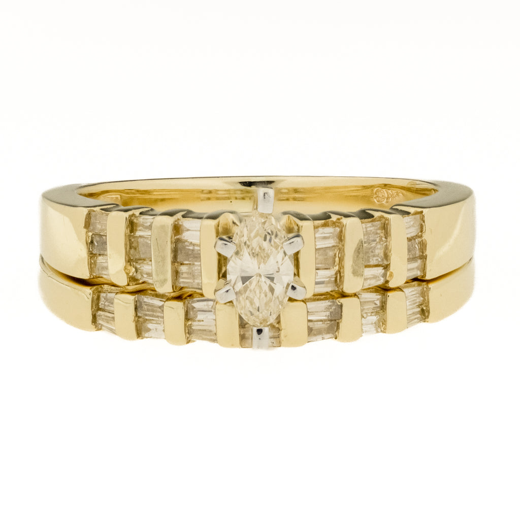 0.20ctw Marquise Diamond and Baguette Accented Diamond Wedding Set in 14K Yellow Gold - Size 6