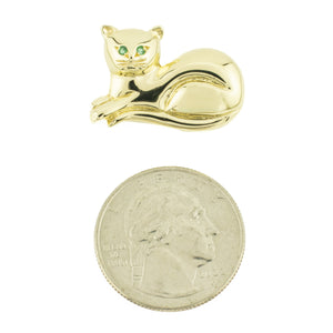 Emerald Eyes Accented Cat Brooch Pin in 14 Yellow Gold