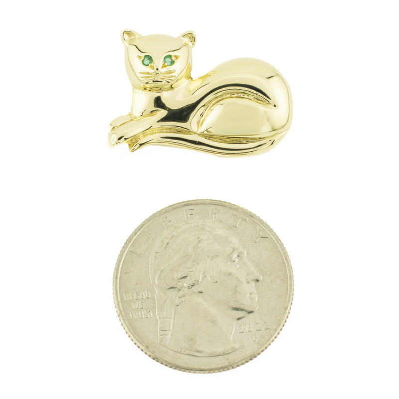 Emerald Eyes Accented Cat Brooch Pin in 14 Yellow Gold