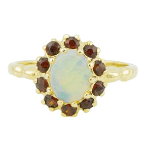 0.50ctw Oval Opal with Garnet Accents Gemstone Ring in 14K Yellow Gold - Size 6.25