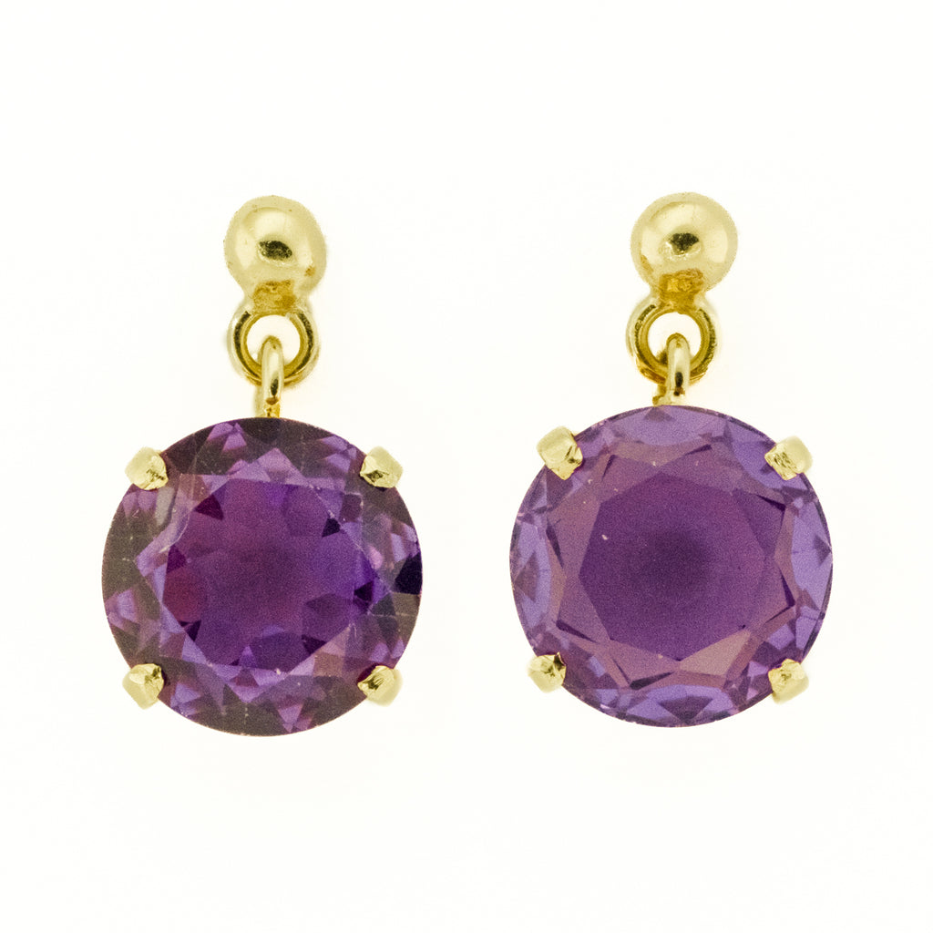 17.07ctw Round Purple Synthetic Sapphire Solitaire Drop Earrings in 18K Yellow Gold