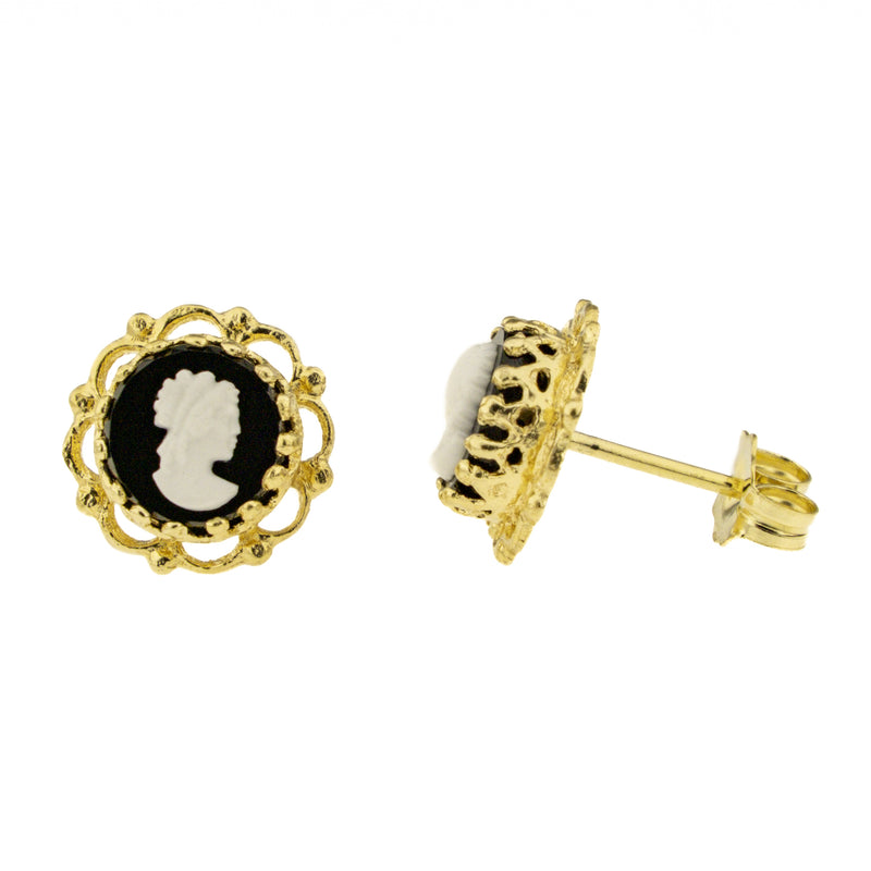 Black and White Cameo Earrings in 10K Yellow Gold