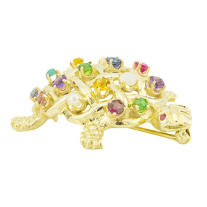 Multi Gemstone Turtle Brooch Pin in 14K Yellow Gold