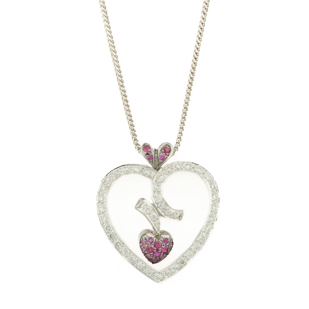 Diamond and Ruby Accented Heart Pendant Charm in 18K White Gold - No Chain Included