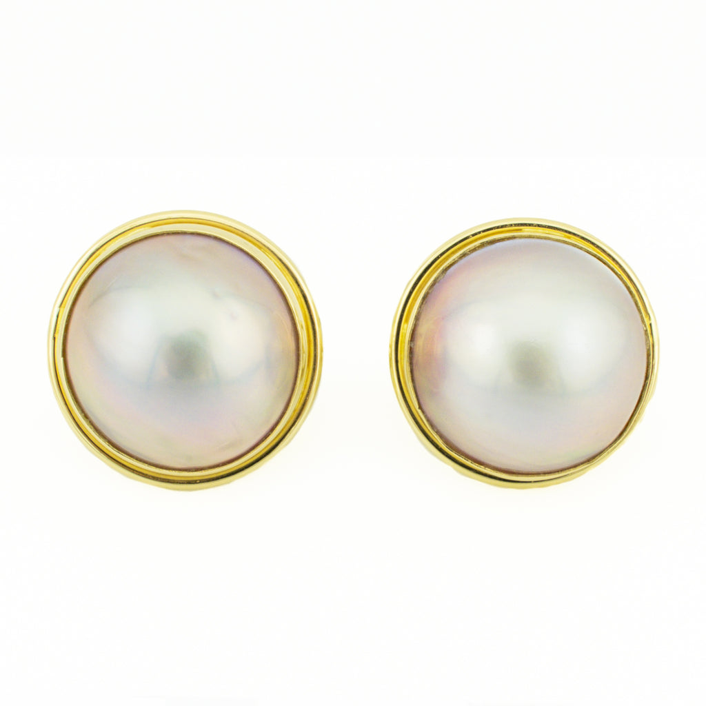 16.5mm Mabe Pearl Solitaire Earrings in 14K Yellow Gold