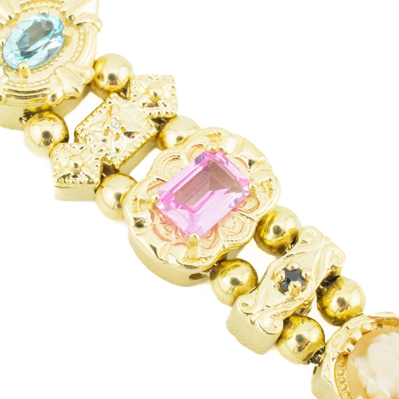 Vintage Slide Charm Multi Colored Gemstone 7" Bracelet in 14K Yellow Gold