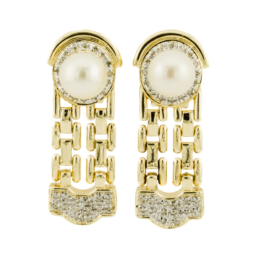 8mm Pearl w/ Diamond Accents Omega Drop Earrings in 14K Yellow Gold