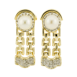 8mm Pearl w/ Diamond Accents Omega Drop Earrings in 14K Yellow Gold