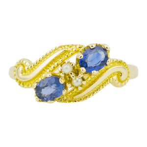0.34ctw Sapphire and Pearl Accented Ring in 10K Yellow Gold - Size 6.25