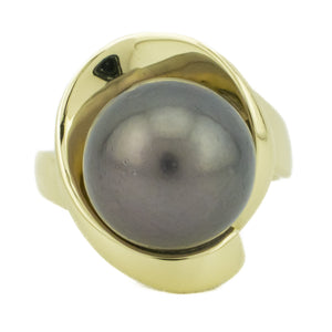 12mm Black Pearl Solitaire Ring in14K Yellow Gold - Size 7