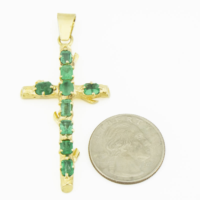 3.48ctw Emerald Accented Gemstone Cross Pendant in 18K Yellow Gold - 13 Grams
