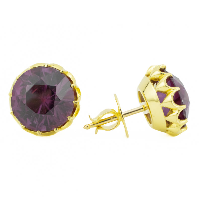 20.45ctw Vintage Round Purple Amethyst Stud Earrings in 18K Yellow Gold - 14.5g