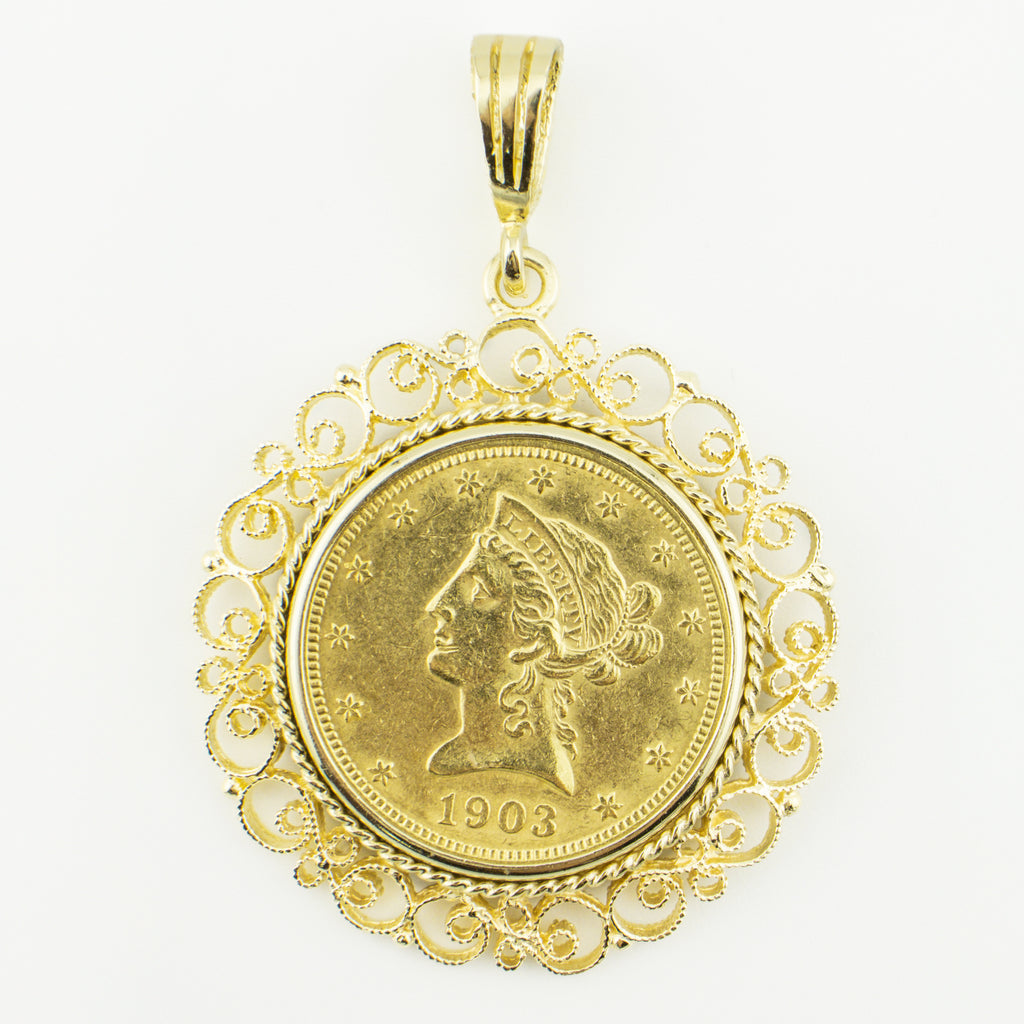 1903 United States $10 Eagle Liberty Head Coin Pendant Charm in 22K and 14K Yellow Gold