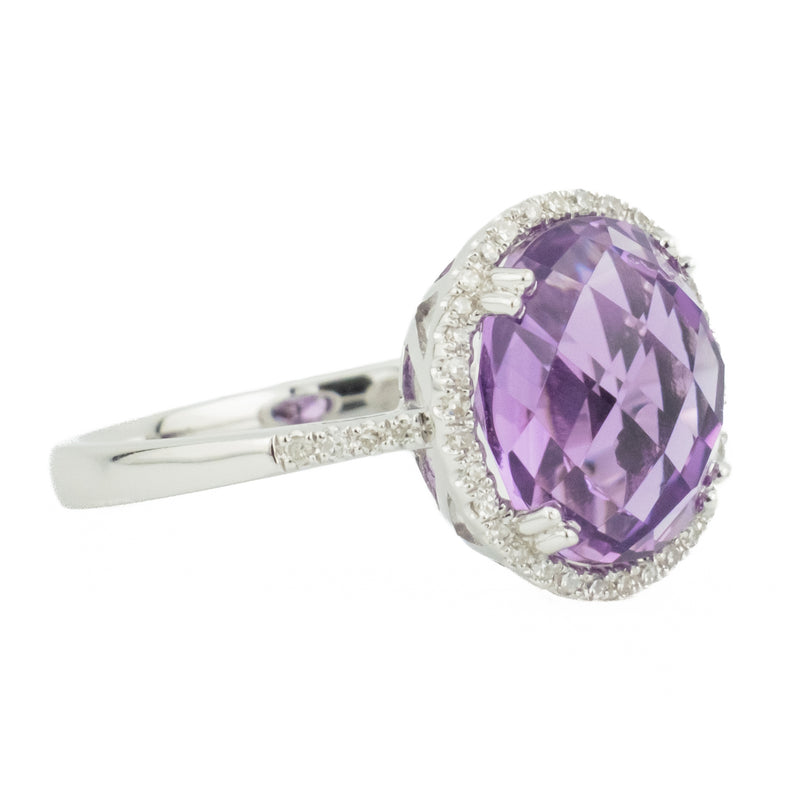 3.5ct Oval Amethyst w/ 0.15ct Diamond Accents Gemstone Ring in 14K White Gold