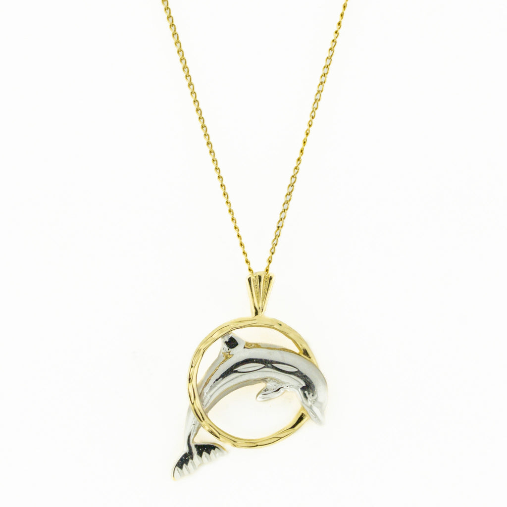 Detailed Diamond Cut Dolphin Jumping w/ Hoop Pendant Charm in 14K Two Tone Gold
