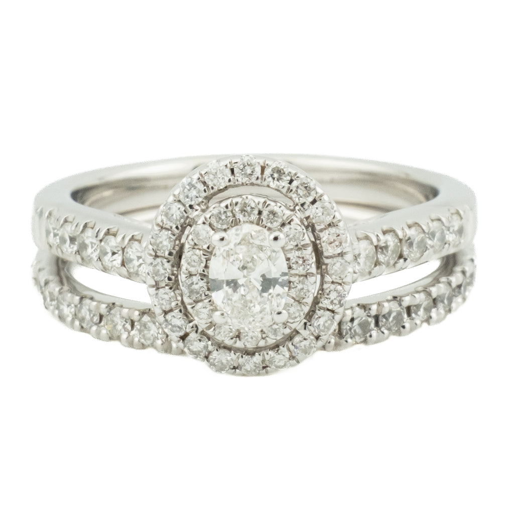 0.20ctw Oval Diamond Double Halo Engagement Bridal Set in 10K White Gold -Size 5.75