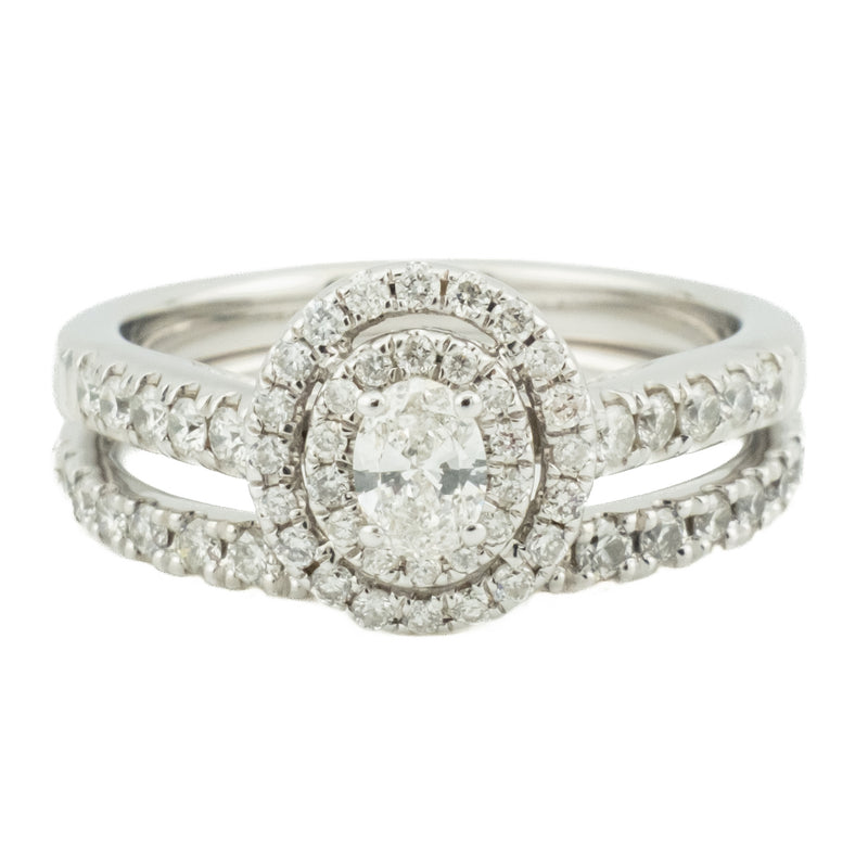0.20ctw Oval Diamond Double Halo Engagement Bridal Set in 10K White Gold -Size 5.75