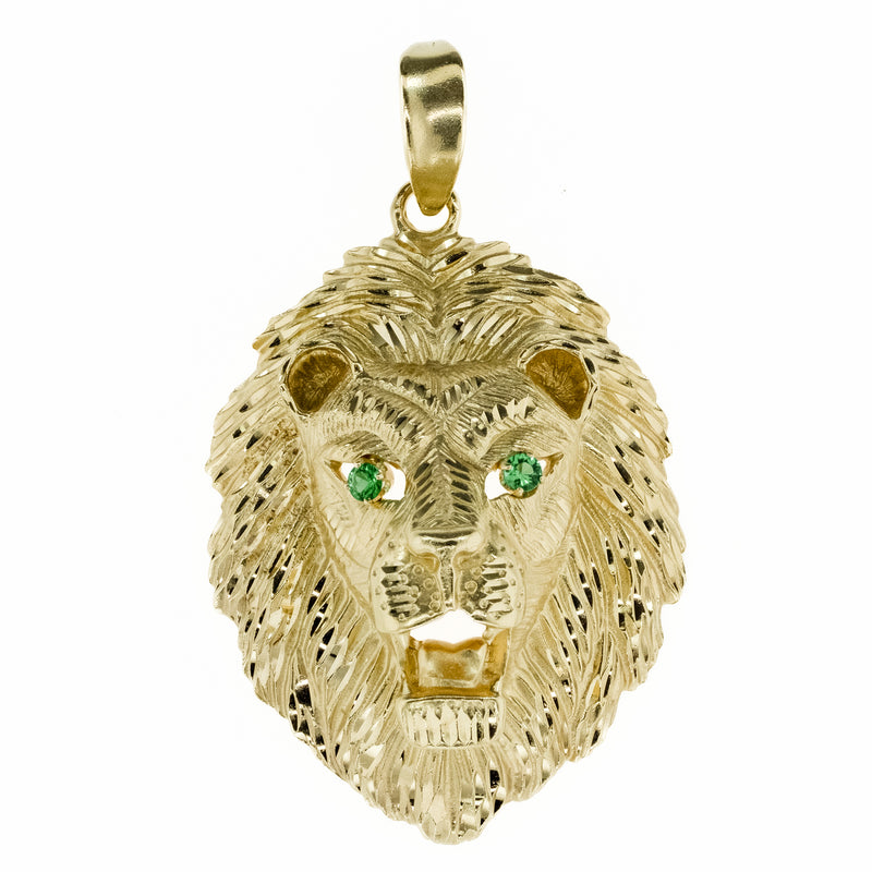 Lion Head Pendant with Emerald Eyes in Solid 14K Yellow Gold - 29.9 grams