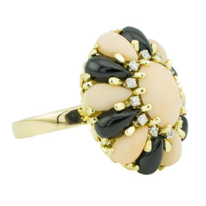 2.25ctw Oval Coral with Onyx & Diamond Accents Gemstone Ring in 18K Yellow Gold - Size 6.75