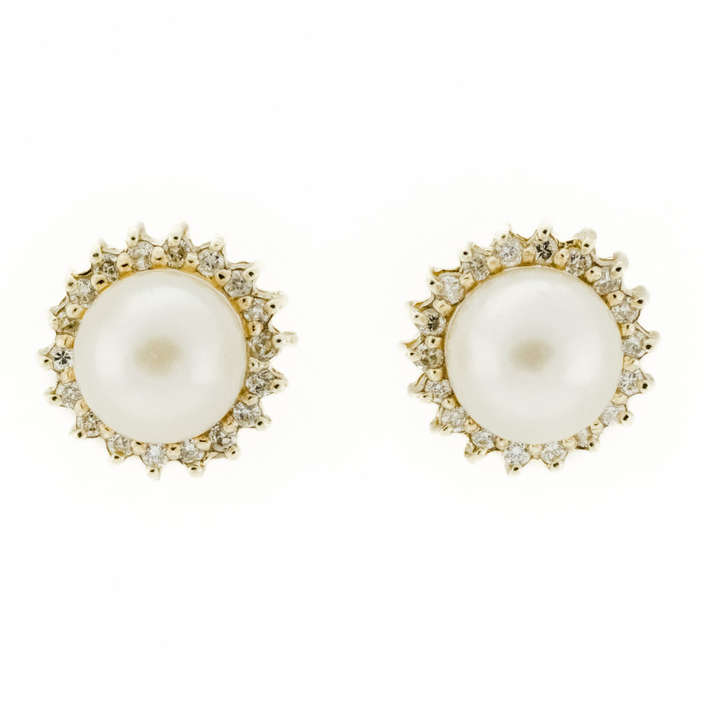7mm Pearl w/ Diamond Accents Stud Earrings in 14K Yellow Gold
