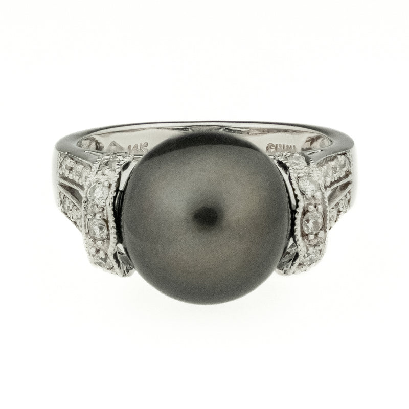 11.50mm Tahitian Black Pearl and Diamond Accents Ring in 14K White Gold