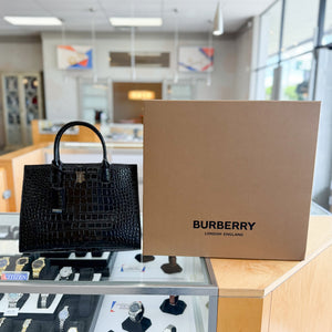 Burberry Crocodile-Embossed Calfskin Small Frances Tote Bag Black Gold