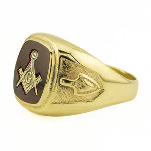 Synthetic Ruby Masonic Gold Ring in 10K Yellow Gold - Size 10