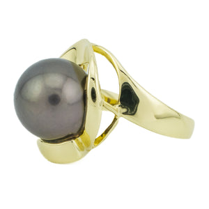 12mm Black Pearl Solitaire Ring in14K Yellow Gold - Size 7