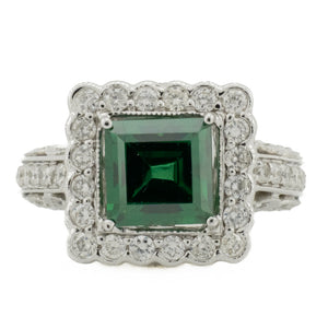 1.55ct Princess Cut Lab Emerald w/ 1.00ct Diamond Accents Gemstone Ring in 18K White Gold - Size 6.5