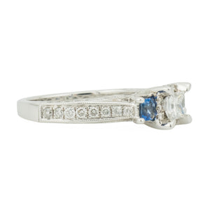 0.30cwt Princess Cut Diamond L/I1 & Sapphire Accented Engagement Ring in 14K White Gold- Size 6.75