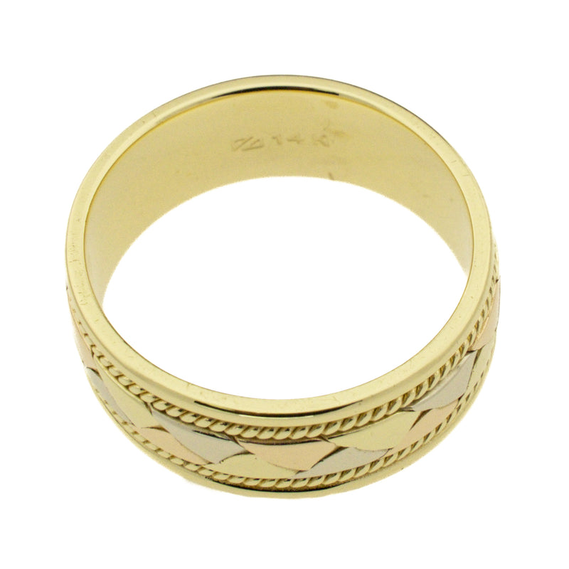 7.75mm Wide Gold Band Ring in 14K Tri-Tone Gold - Size 9