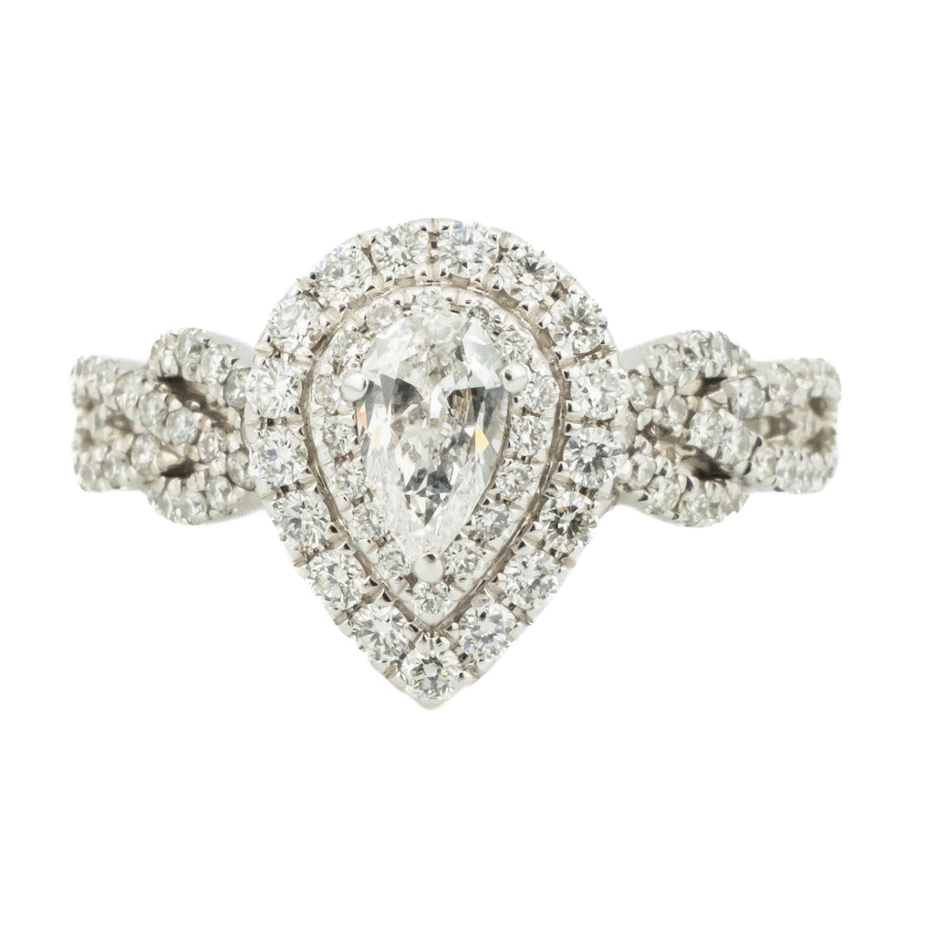 Nail Lane 0.33ct Pear Diamond w/ Doble Halo & Side Accented Engagement Ring in 14K White Gold - Size 5