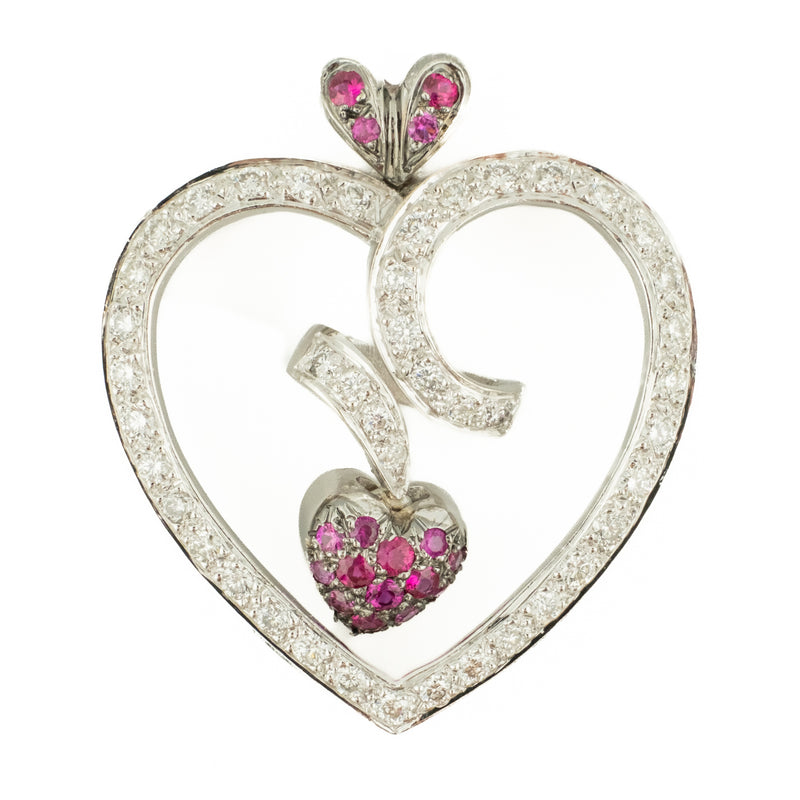 Diamond and Ruby Accented Heart Pendant Charm in 18K White Gold - No Chain Included