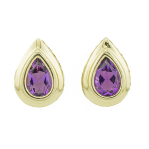 0.90ctw Pear Cut Purple Amethyst Solitaire Gemstone Earrings in 14K Yellow Gold