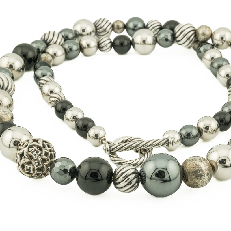 David Yurman Elements Onyx, Hematite & Sterling Silver Graduated Bead Necklace 36" in S925