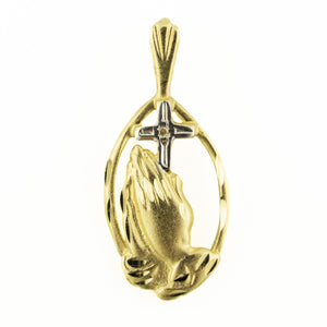 Diamond Solitaire Praying Hands Pendant Charm in 14K Two-Tone Gold - 1.2 grams