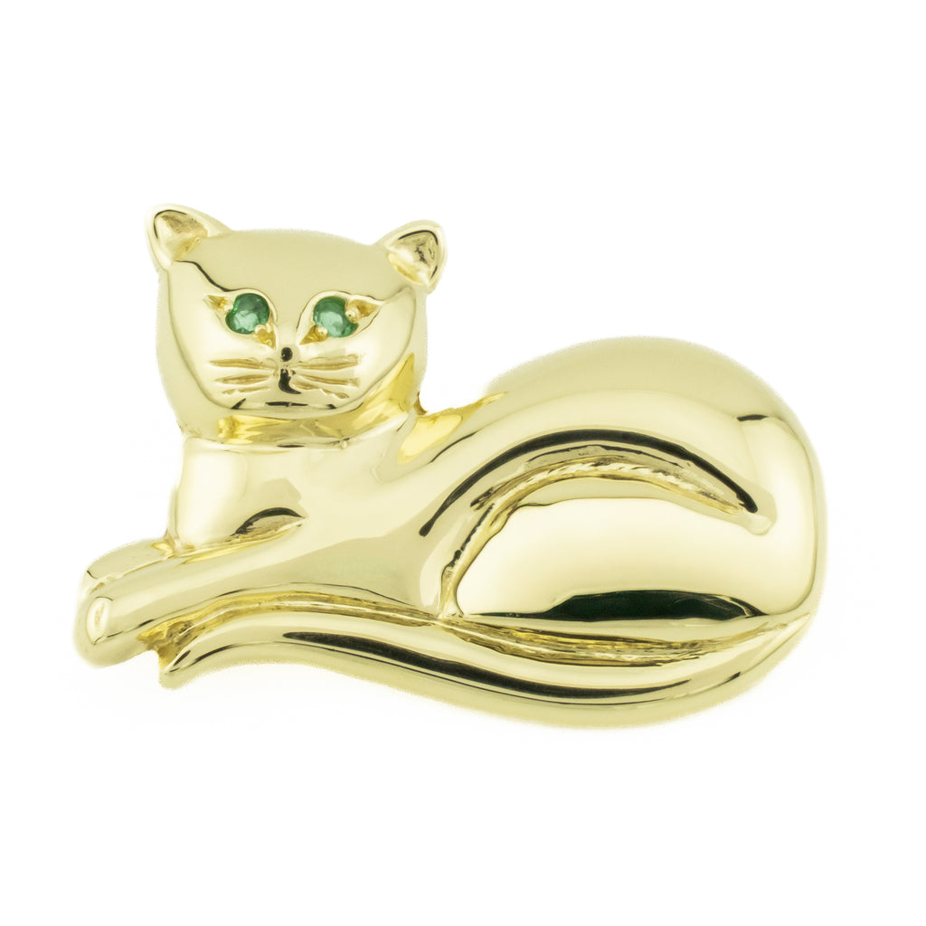 Emerald Eyes Accented Cat Brooch Pin in 14 Yellow Gold